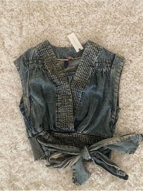 Anthropologie Pilcro Washed Indigo V-Neck Wrap Top with Tie Waist